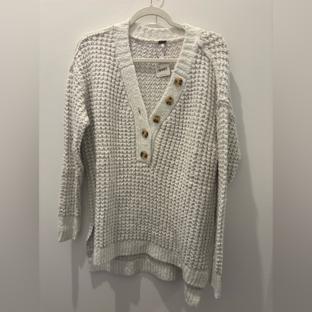 Free People White Women's Whistle Thermal Henley Sweater